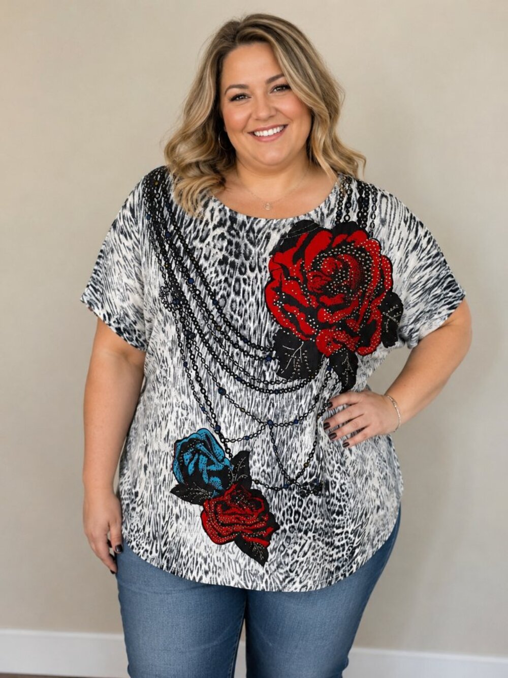 Animal Print Rose Accent Blouse - XL